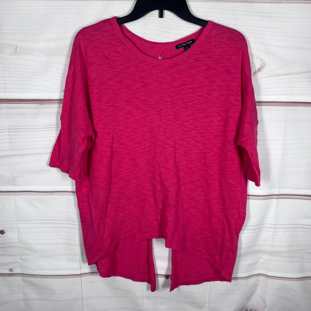 La Fee Verte Top Womens S Pink Slub Knit Split Back Cotton T-Shirt Short Sleeve